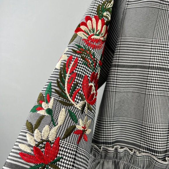 Mulaya Open Front Blazer Jacket M Black Plaid Peplum Embroidered Floral Sleeves - Picture 8 of 10